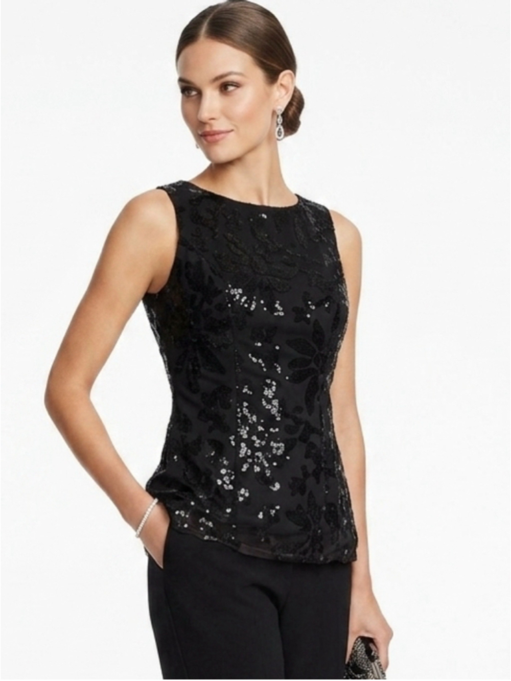 Women's Stunning Black Sequin Sleeveless Top with Sheer Overlay Small - 751